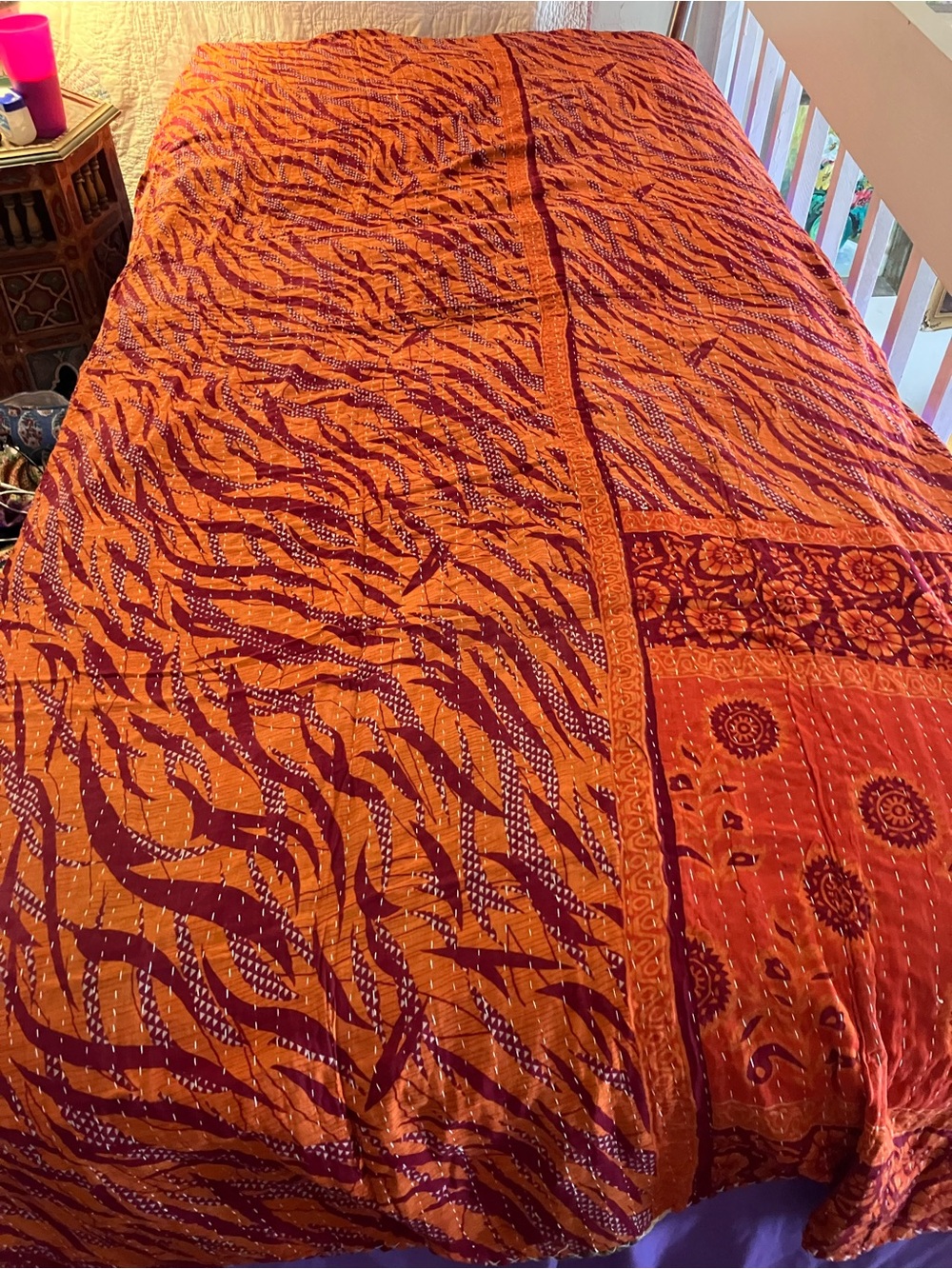 Elegant Orange & Burgundy Printed Kantha Quilt - Home Bedding
